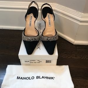 Manolo Blahnik Black Pony Hair with Crystals 105M